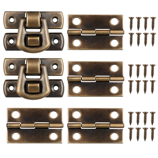 Antique Bronze Hasp Latch Hook and Hinge with Matching Screws Kit, 2X Hasp Catch + 4X Hinges for Decorative Cabinet Jewelry Box Suitcase DIY Crafts