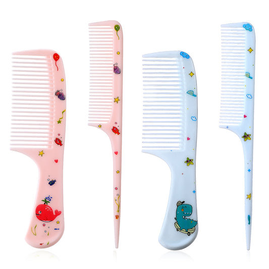 Cute Hair Comb Set, 4 Pcs Toddler Hair Brush Plastic Fine Tooth Rat Tail Combs Detangling Hair Comb for Women Girls All Hair Types Long Short Wet Dry Curly Straight Hair (Blue, Pink)