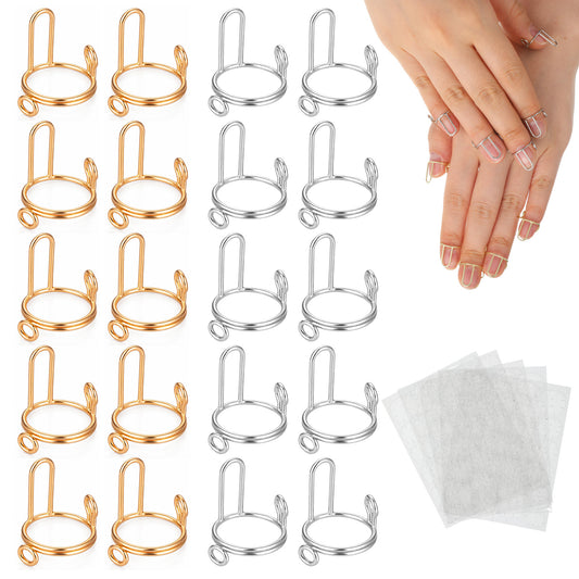 20Pcs Nail Rings Set With 120 Adhesive Tabs, Detachable Reusable Nail Ring No Glue Gold And Silver Metal Fingernail Rings Adjustable for Women Nails Art Decoration