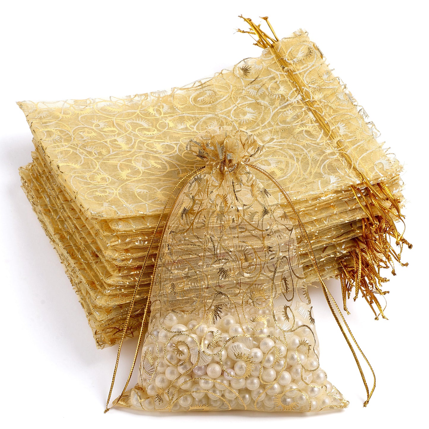 Organza Gift Bags 5x7 Inches, 50 PCS Gold Mesh Gift Bags with Drawstring Small Sheer Jewelry Bag Drawstring Gifts Pouches with Rattan Printed for Wedding, Birthday, Bridal Shower Party Favors Gifts