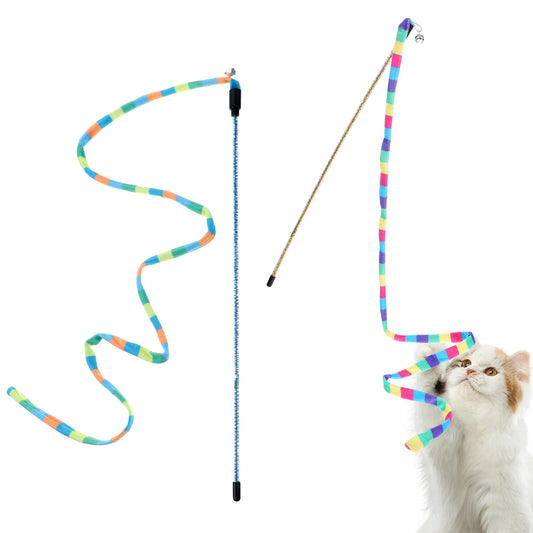 Cat Wand Toy, 2 PCS Interactive Cat Rainbow Wand Toys for Indoor Cats and Kittens Colorful Cat Dance String Stick Toy Cat Feather Teaser Wand with Bells for Indoor Cats Kitten to Play Chase Exercise