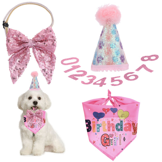 Dog Birthday Decorations, Adjustable Dog Hats with Numbers Dog Birthday Party Hat Pink Dog Birthday Girl Bandanas Hat Glitter Bow Collar Set for Small Medium Large Dogs Cats Birthday Party Supplies, S