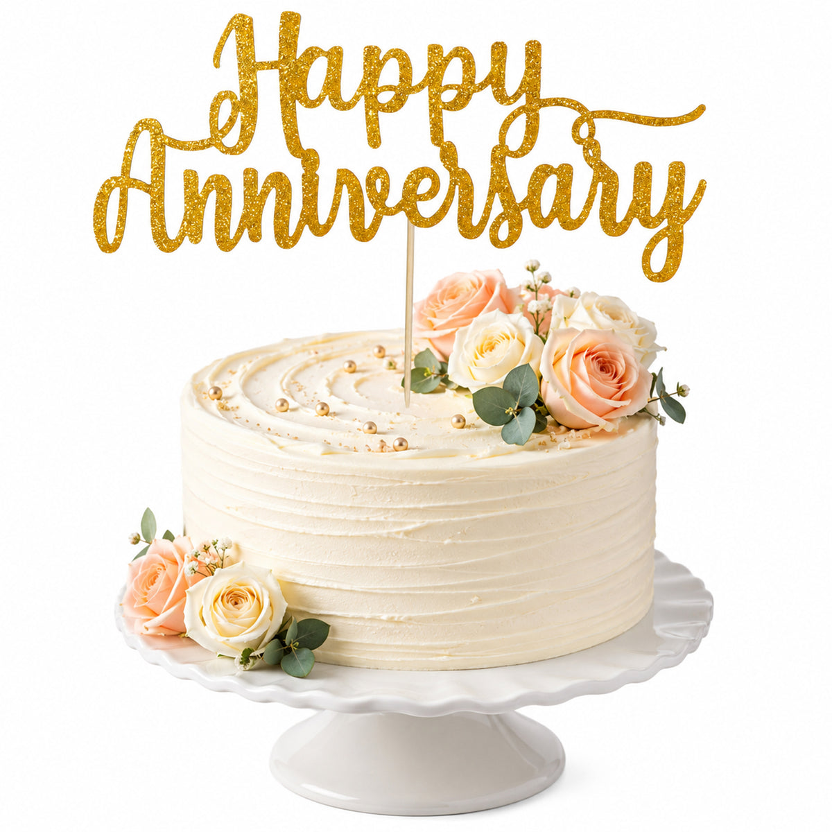 3×6 Inch Glittery Happy Anniversary Cake Topper, Gold