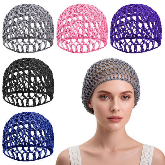 5 Pcs Crochet Hair Nets for Sleeping, Crochet Mesh Wrap Caps for Silk Press, Soft Mesh Hair Wrap Net Cap, Shower Caps, Breathable Sleep Cap, Reusable Hairnet Cover Accessory for Women (5 Colors)