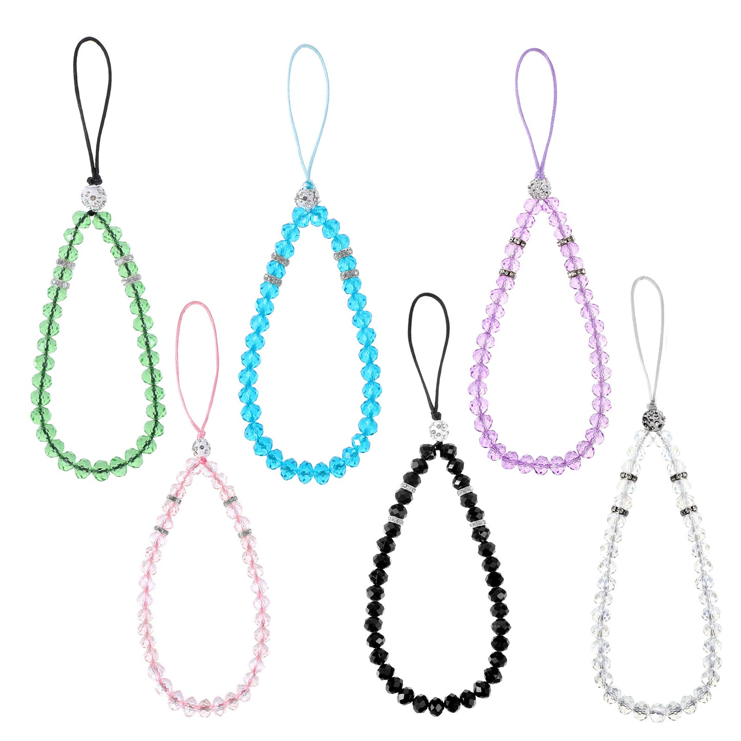Xosjska 6 PCS Beaded Phone Wrist Strap, Bling Crystal Cell Phone Wristlet Straps Sparkling Short Hand Wrist Beads Chain Bracelet for Women Phones Bracelet Strap Charm for Girl Women