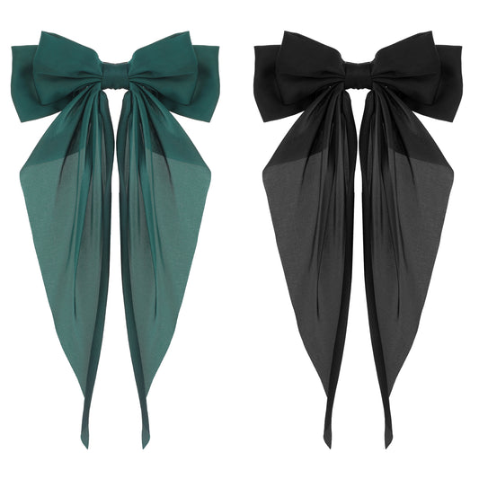 Silky Satin Hair Bows, 2 PCS Big Black Bow and Dark Green Set Bowknot Metal Spring Clip Oversized Long Tail Hair Ribbons Ponytail Holder French Barrettes Hair Accessories for Women, Christmas Gifts