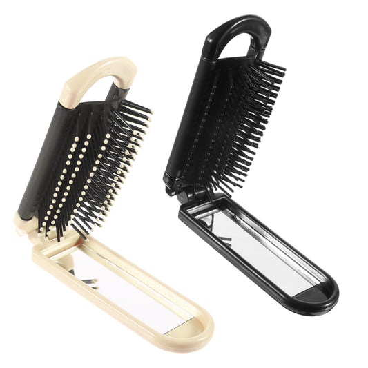 Foldable Hair Brush with Mirror, 2 Pcs Portable Travel Hairbrush Anti-Static Folding Pocket Hair Brush Small Compact Massage Comb for Women Men Home Travel Gym Purse (Black, White)