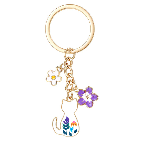 Alrhso Cat Keychain with Flower Accessories Kawaii Cat Enamel Sakura Keychain for Keys Purse Handbags Girls Women Gift