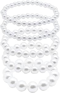 KALIONE 5 Pack White Pearl Bracelets for Women, Pearl Stretch Bridesmaid Bracelets Bridal Stackable Faux Pearl Bracelets Wedding Elastic Bracelets Pearl Beaded Bracelets for Lady