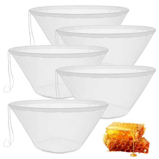 Honey Strainer Bag for 5 Gallon Bucket, 5 PCS Honey Filter Bag, Ultra-Fine Mesh Nylon Strainer with Adjustable Drawstring for Liquids, Round Narrow Bottom Design for Better Filtration
