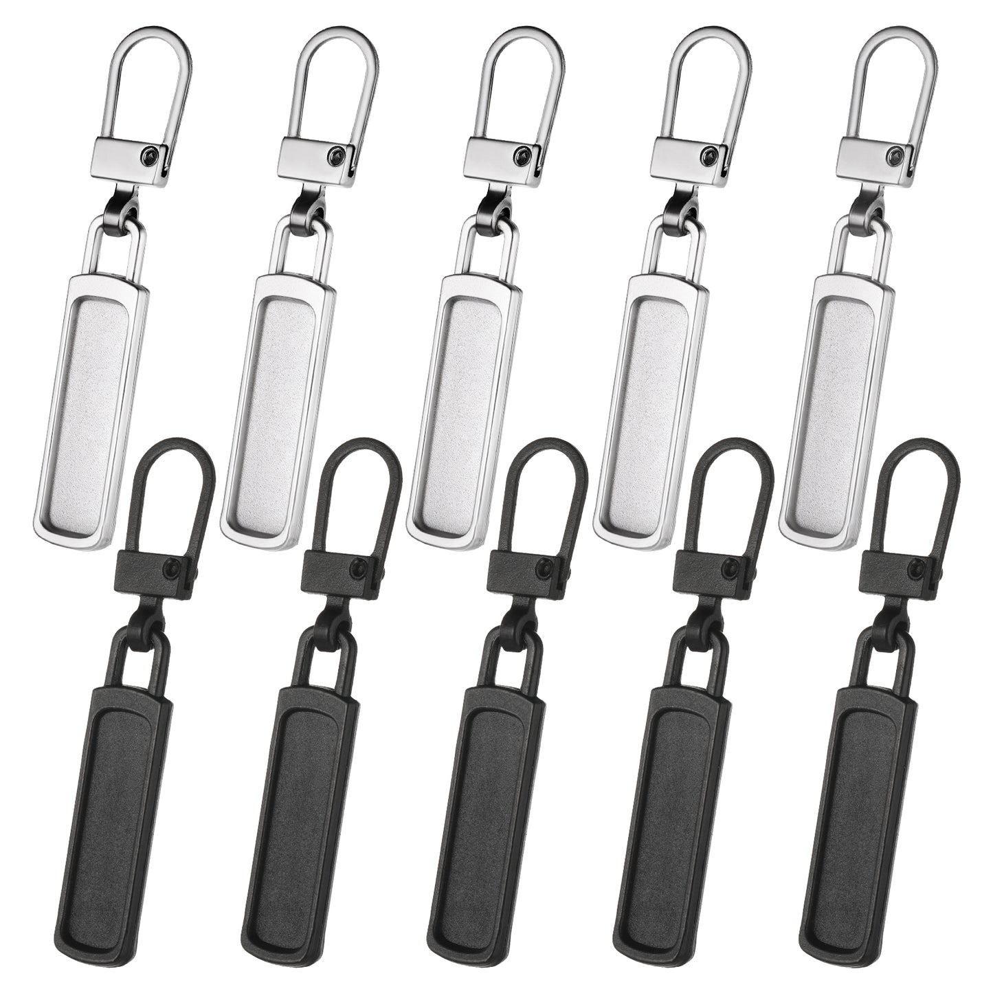 Spare Zipper Pull 10 Pcs Removable Zipper Pull Replacement Metal Zipper Pull Universal Zip Repair Kit for Jackets Purse Clothes Jeans Suitcase Luggage(Black, Silver)