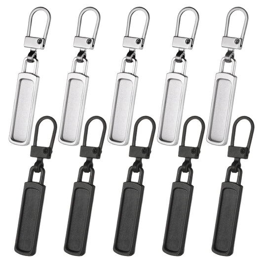 Spare Zipper Pull 10 Pcs Removable Zipper Pull Replacement Metal Zipper Pull Universal Zip Repair Kit for Jackets Purse Clothes Jeans Suitcase Luggage(Black, Silver)