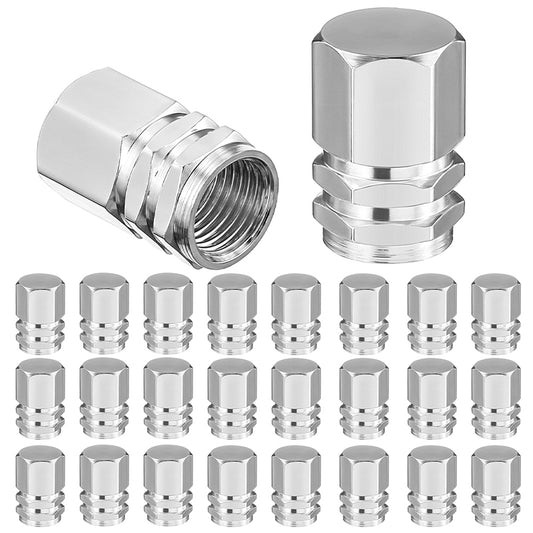 24 PCS Car Tire Valve Stem Cap, Hexagon Shape Design Tire Valve Stem Caps, Silver Tire Valve Caps, Leak-Proof Air Caps Cover, Aluminum Alloy Car Tire Cap Universal for Truck, Suv, Bicycle