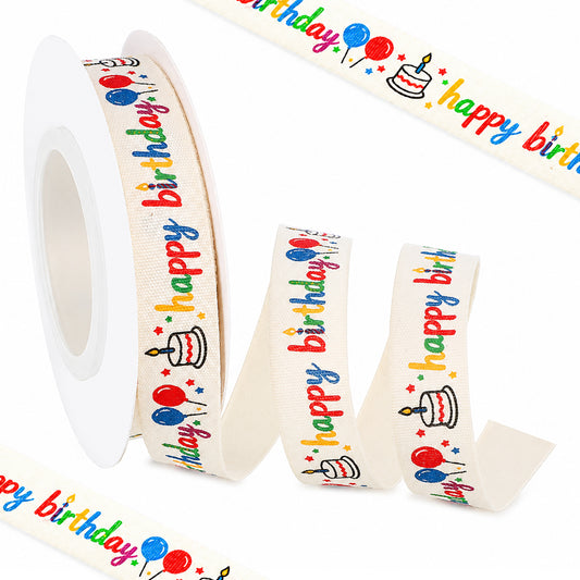 Happy Birthday Printed Ribbon 5/8 Inch X 20yard Happy Birthday Ribbon for Bouquet, Twill Tape Cotton Gift Wrap Ribbons Birthdays Cotton Herringbone Ribbons for Bouquet Party Sewing Making Craft, Color