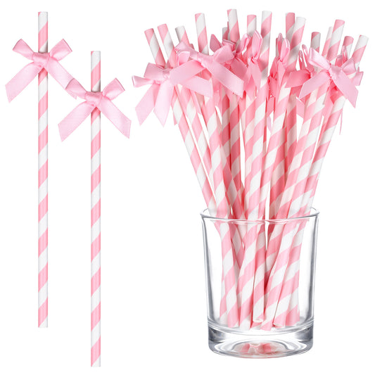 30pcs Pink Bow Straw, 7.7inch Pink Paper Straws, Disposable Cute Paper Straw, Wedding, Picnic, Birthday, Party Supplies for Juice Coffee Tea Cocktail Milkshake