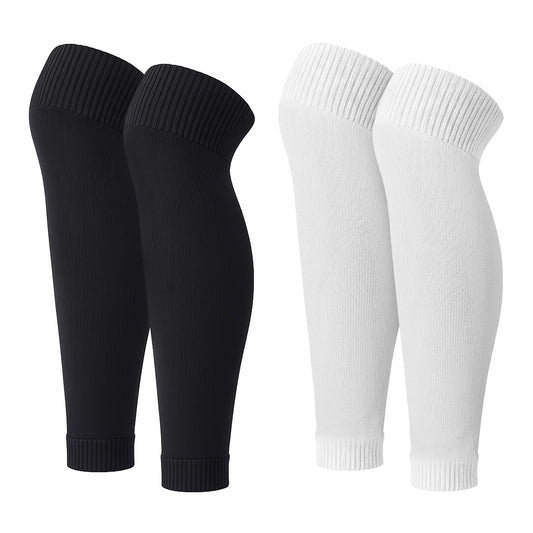 2 Pairs Precut Soccer Socks Soccer Sock Sleeves Football Leg Sleeve Matching Grip Socks Shin Guard Sleeves for Football Training Adult (Black, White)