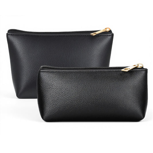 2 Pcs Cosmetic Bags for Women, Travel Makeup Bag with Zipper, Small Makeup Bags for Purse, Toiletry Bag Organizer, PU Leather Make Up Pouch for Woman Daily Use (Black)