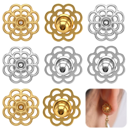 8 Pcs Earring Backs for Droopy Ears Earring Backs Lifters Openwork Flower Shape-Earring Tight Locking Earrings Back Replacements Support Back for Heavy Earrings