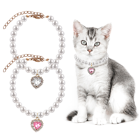 2 PCS Cat Dog Pearl Collar with Rhinestone Heart Pet Jewelry Small Heart Shape Rhinestone Pet Necklace, Adjustable Birthday Wedding Collar for Puppy Small Cats- White & Pink