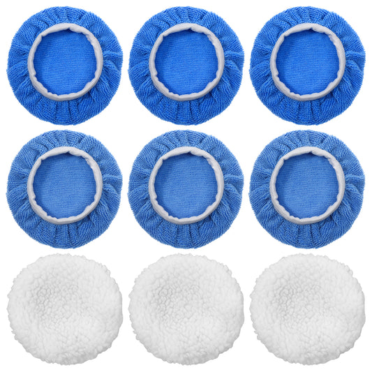 9Pcs Car Orbital Buffer Polisher Pad Car Polisher Pad Bonnet Buffing Pad Cover Wool Buffing Pads Car Polishing Bonnet Buffing Pads for Car Furniture Glass, 6*Microfiber+3*Woollen, 5-6 Inches