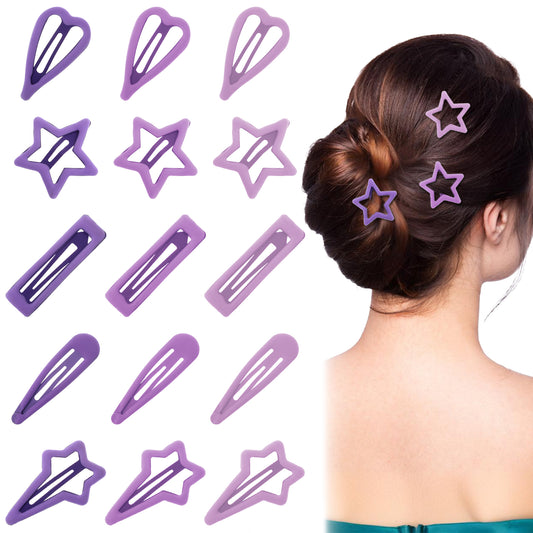 15pcs Snap Hair Clips, Metal Star Hair Clip, No Slip Purple Hair Pins, Barrettes Hair Accessorie for Women Girls Geometric Pattern, Cute Hair Clips Hair Decoration