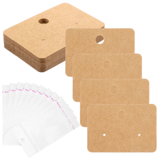 FdcLixuvol 100 Pcs Earring Display Cards with 100 Self Adhesive Bags 2x1.4 inch Brown Jewelry Holder Tags for Selling and Craft Display Hanging