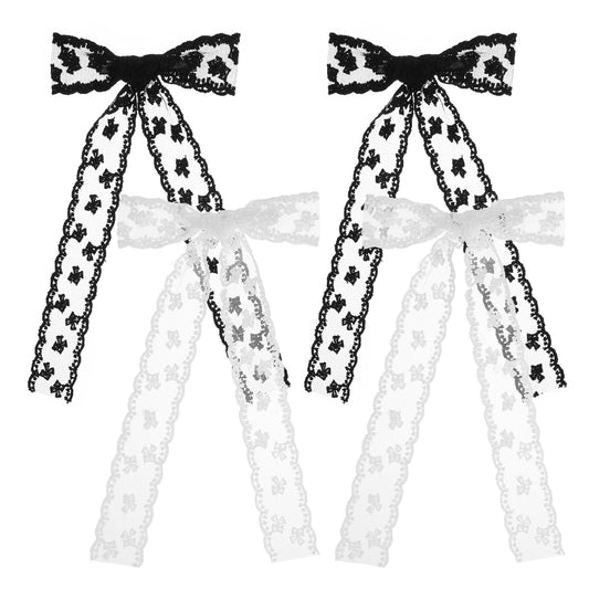4 Pcs Large lace Hair Clips for Women Girls, Hair Clip Bows Metal Bow Hair Clips, Bowknots Barrettes with Long Tail Tassel Ribbon, Lace Tassel Bows Metal Clips with Long Tail Ribbons, Black&White