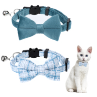 2 Pack Cute Cat Collars for Boy Cats Adjustable Kitten Bowtie Collar with Bells Breakaway Safety Collars Plaid Solid Color Pet Collar Set for Girl Female Male Cats (Blue)