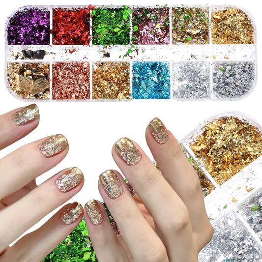12 Grids Nail Art Foil Flakes Holographic Nail Glitter Foils Nail Foil Flakes Glitter Nail Sequins Confetti Sparkly Design for Women Girls Manicure Charms Decorations