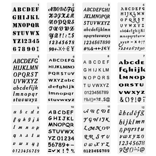 Small Letter Stencils, 12 Pack 4x7 Inch Reusable Plastic Alphabet Stencils, Alphabet Number Templates for Journaling, Wood Painting, Scrapbook Decor DIY Crafts