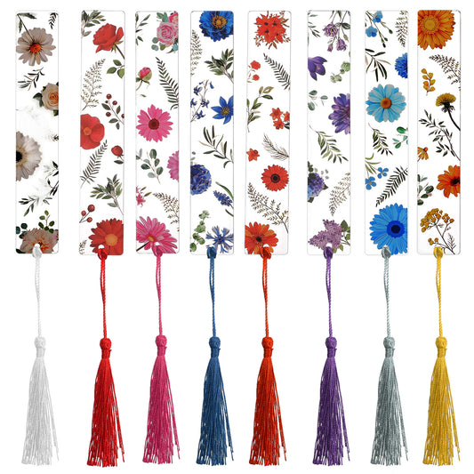 8 Pcs Floral Bookmarks with Colorful Tassels, Transparent Acrylic Bookmark, Clear Floral Bookmarks, Pressed Flower Bookmark for Writer, Book Lovers, Women, Reading Gifts