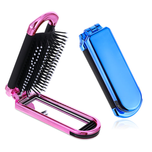 2-Pack Folding Hair Brushes with Detachable Mirror, Gradient Color Portable Travel Hairbrush for Women and Teens, Compact Purse Brush for Travel, Gym, Work, and Daily Use