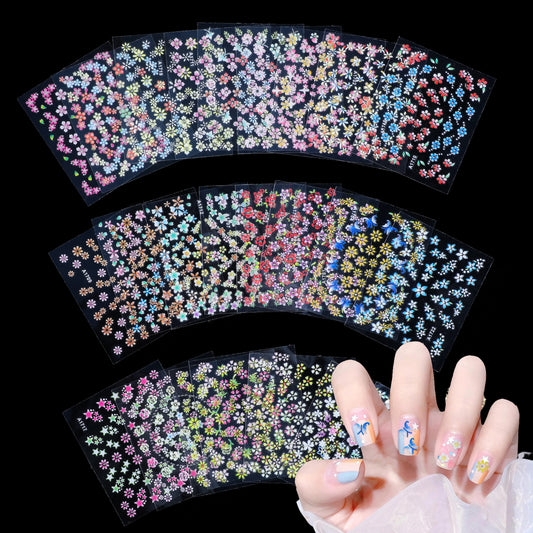 Flower Nail Stickers, 24 Sheets Colorful Nail Art Stickers 3D Self-Adhesive Floral Gel Nail Decals Nail Design Stickers Nail Art Decoration Supplies for Women Girls DIY Manicure Accessories