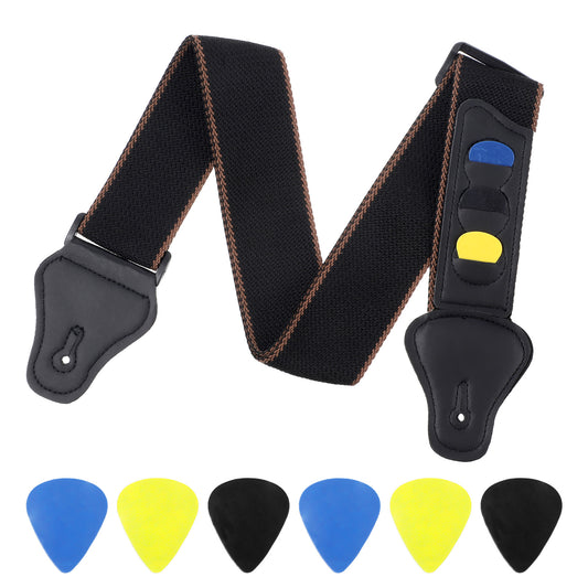 Qulkws Guitar Strap Guitar Accessories Bass Guitars Strap Acoustic Electric Guitars with 3 Pick Holders and 6 Pcs Picks Easy to Install (Black)