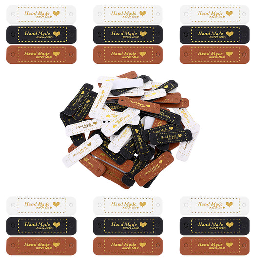 72pcs Handmade with Love Heart Leather Tag Labels Crafts Embossed Crochet Rectangle Labels Embossed Tag Embellishment with Holes for DIY Craft Accessories for Crochet Knitting