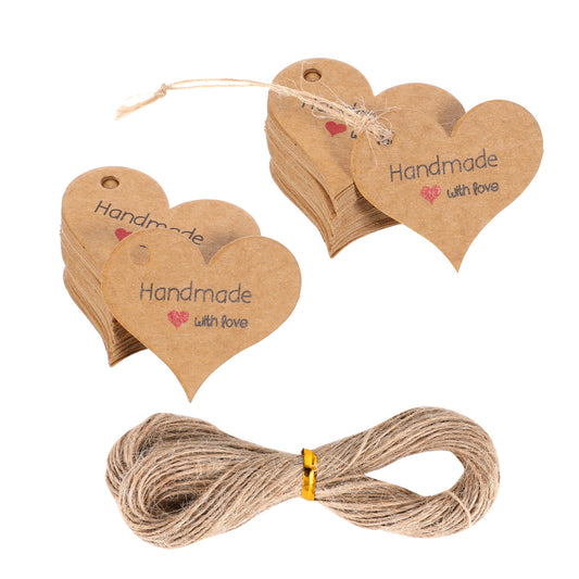 200pcs Handmade with Love Tags Heart-Shaped Mini Gift Paper Tags with 66 ft String Brown Gift Labels with Natural Jute Twin Natural Jute Twin Home Made Crafts Wedding Favors Birthday Party Gift