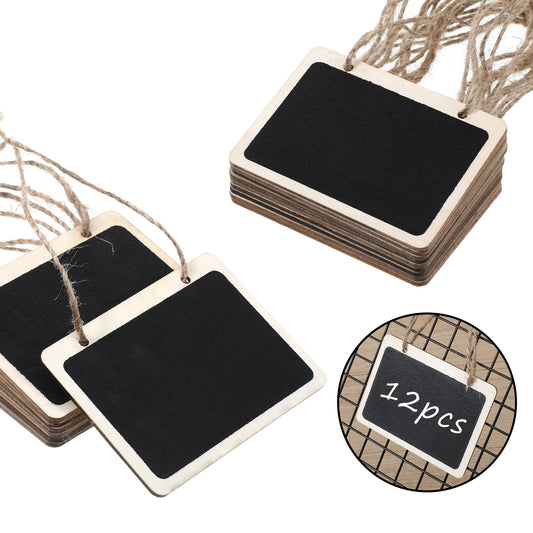 12 Pack Mini Chalkboard Tags for Baskets Wooden Hanging Chalkboard Signs for Beverages Dispenser Price Message Chalkboards Tags with String for Food Labels Wedding Party Event Decorations Table Number