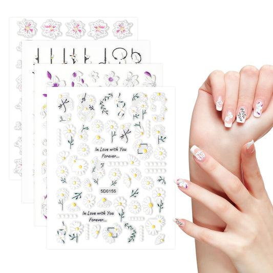 Flower Nail Stickers, 4 Sheets 3D Embossed Nail Art Stickers Self-Adhesive Spring Summer Floral Nail Decals Nails Art Decoration Supplies for Women Girls Home Salon DIY Manicure Design Accessories