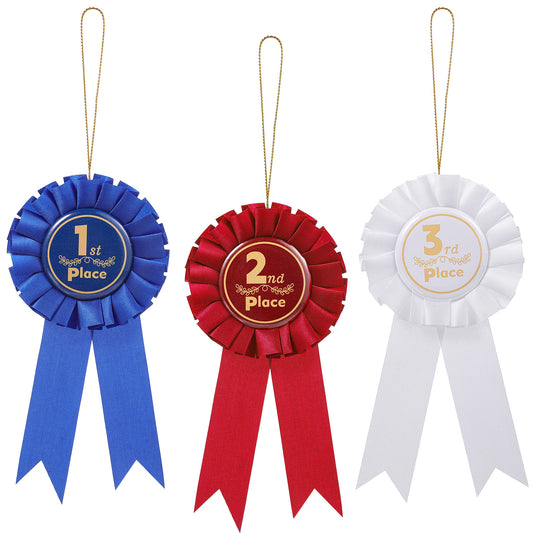 3 Pcs Award Ribbon Rosette Set 1st 2nd 3rd Place Grand Prize Winner Victory Ribbon Recognition Rosette, Blue Red White Prize Badge Satin Participation Ribbons for Medals, Competition, Sports Events