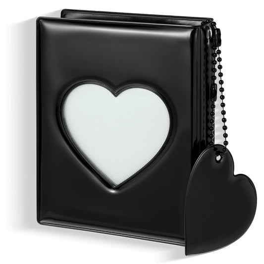 Mini Photo Album 3 Inch Photocard Holder Book with 32 Pockets Heart Hollowed Cover with Heart Pendant (Black)