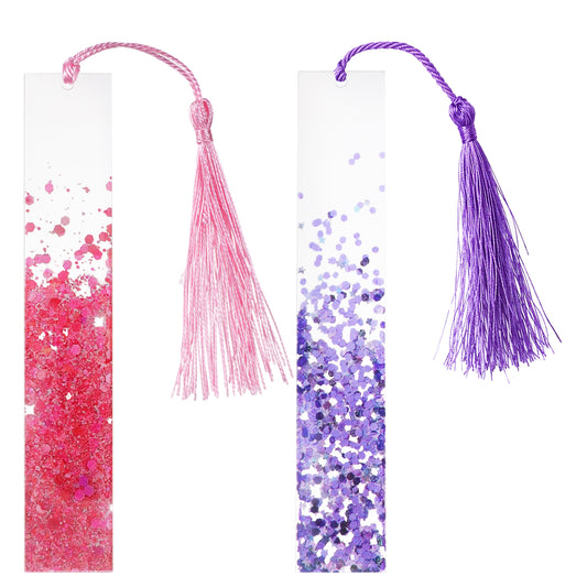 2pcs Bookmarks for Girls Women, Resin Glitter Bookmarks Tassel Book Marks Acrylic Girly Bookmark with Colorful Silk Tassels Gifts for Women Girls Book Lovers (Purple+Red)