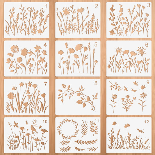 12 Pieces Wildflower Stencils for Painting, Reusable Flower Stencils, Spring Floral Field Plants Wild Flower Stencils, Plastic Art Drawing Templates for Painting Wood, Wall, Crafts, Canvas Fabric DIY