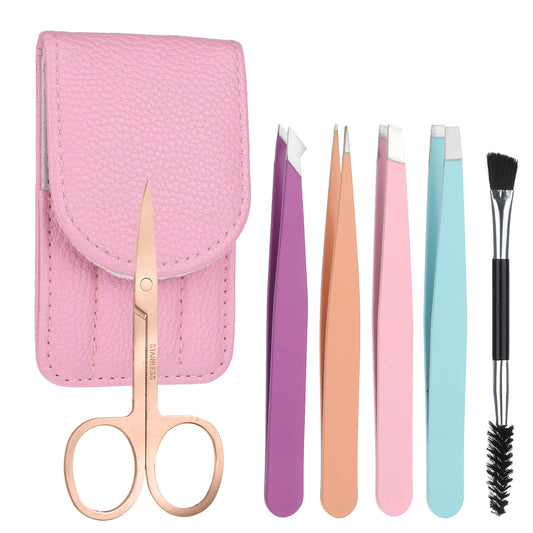 6PCS Eyebrow Tweezers Set for Women Facial Hair, Curved Eyebrow Scissor Brow Brush Precision Eyebrow Tweezer Grooming Kit with Leather Case for Women Men Facial Chin Brow Splinter Ingrown Hair Removal