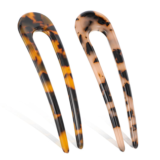 2PCS French Hair Forks U Shaped Hairpin, Tortoise Shell 2 Prong Bun Hair Sticks Cellulose Acetate U Shape Chignon Pin Tortoise Hair Pin for Women Thick Long Hair Styling Accessories Large