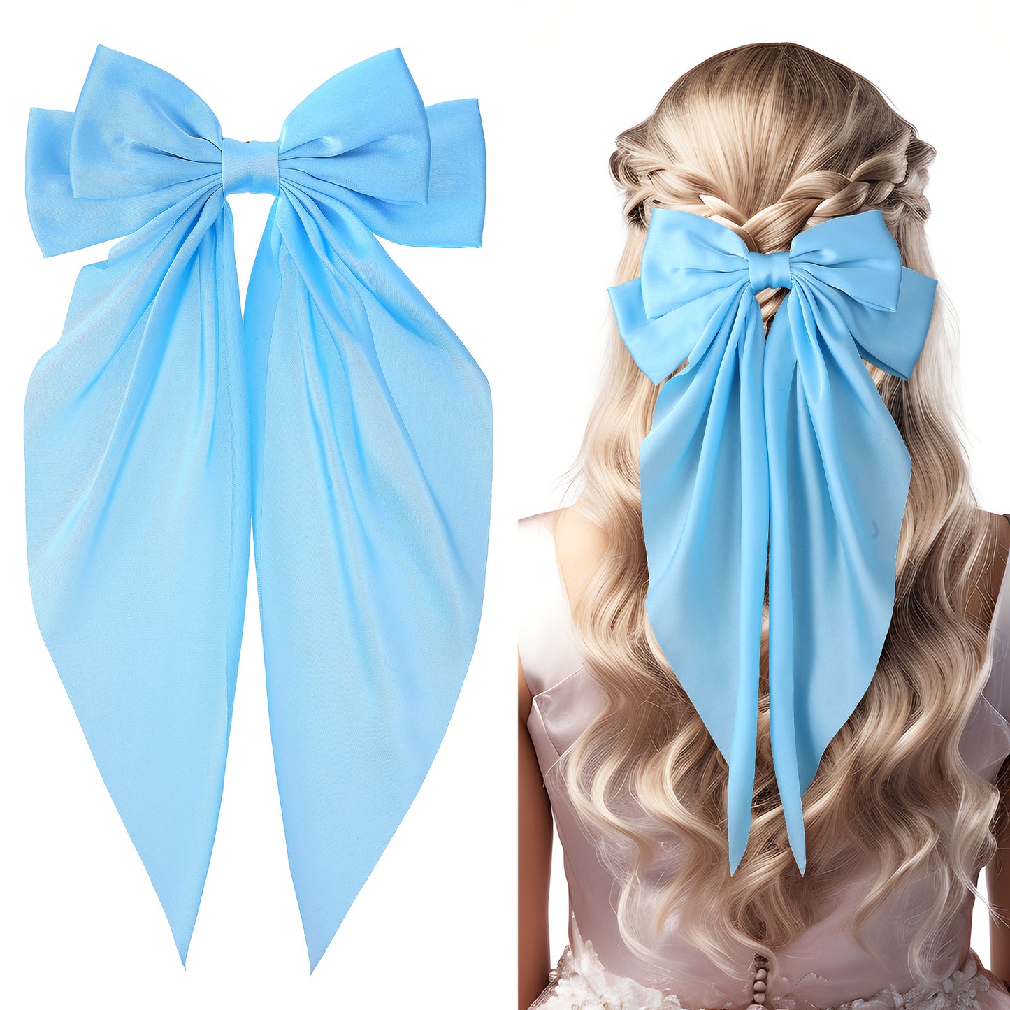 Solid Color Bow Hair Clip with Long Ribbon, Big Bow Barrettes, Long Tail French Ribbon Hair Clip, Soft Satin Silky HairBows for Women Girls, Blue