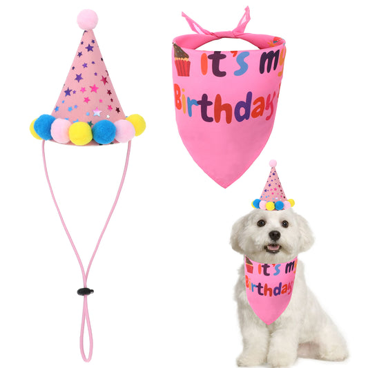 Dog Birthday Bandana Decorations, Dog Birthday Hat with Pompoms Cute Mini Dog Party Hats with Birthday Bandana Scarf Costume for Small Medium Large Dogs Cats Birthday Party Outfit Supplies, Pink