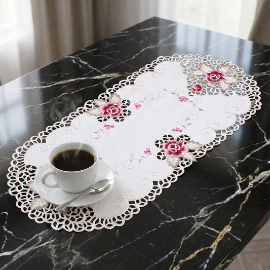 Embroidered Coffee Table Cloth 16" x 33" White Oval Embroidered Floral Table Runner Tablecloth for Home Decor