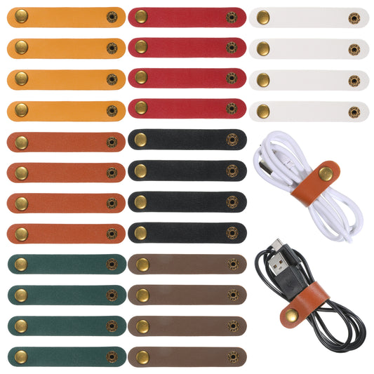 28 PCS Leather Cable Organizer 7 Coloful Leather Cord Organizer Portable Snap Cable Strap Charging Cables Cords Organizers Reusable Leathers Cables Ties Snap Closure for Men Women