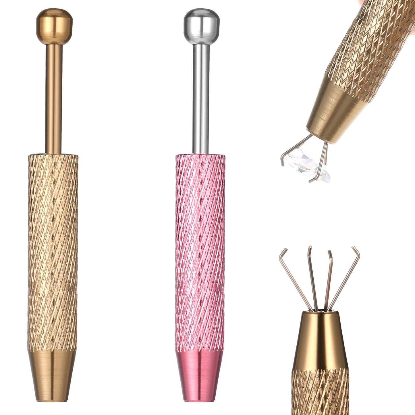 Piercing Ball Grabber, 2 Pcs Stainless Steel Piercing Tools to Change Jewellery 4 Prongs Diamond Claw Tweezers Piercing Ball Screw Tool for Changing Jewelry, Pick up Tiny Objects (Pink, Brown)