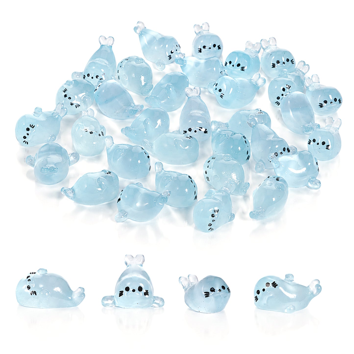 Zelphvt 32 Pcs Glow in the Dark Mini Resin Seal Figurines, 4 Styles Blue